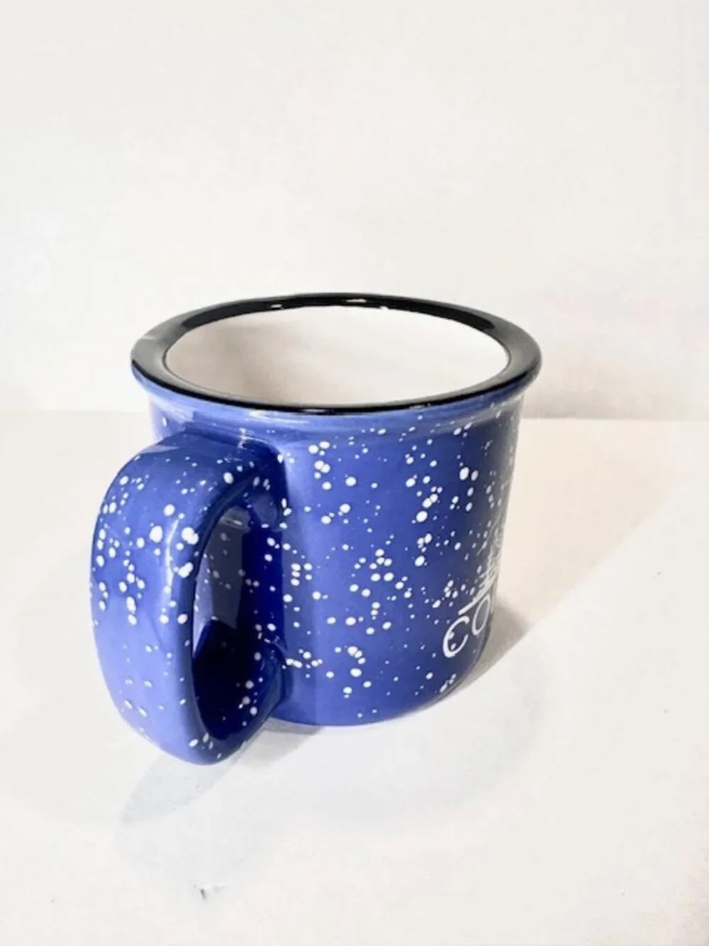 Ceramic Colorado Souvenir Coffee Mug Speckled Pine Trees Mountain Blue & White